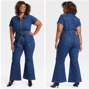 AVA & VIV Short Sleeve Denim Jumpsuit Flare Leg Half Zip Pockets Dark Blue 18/1X